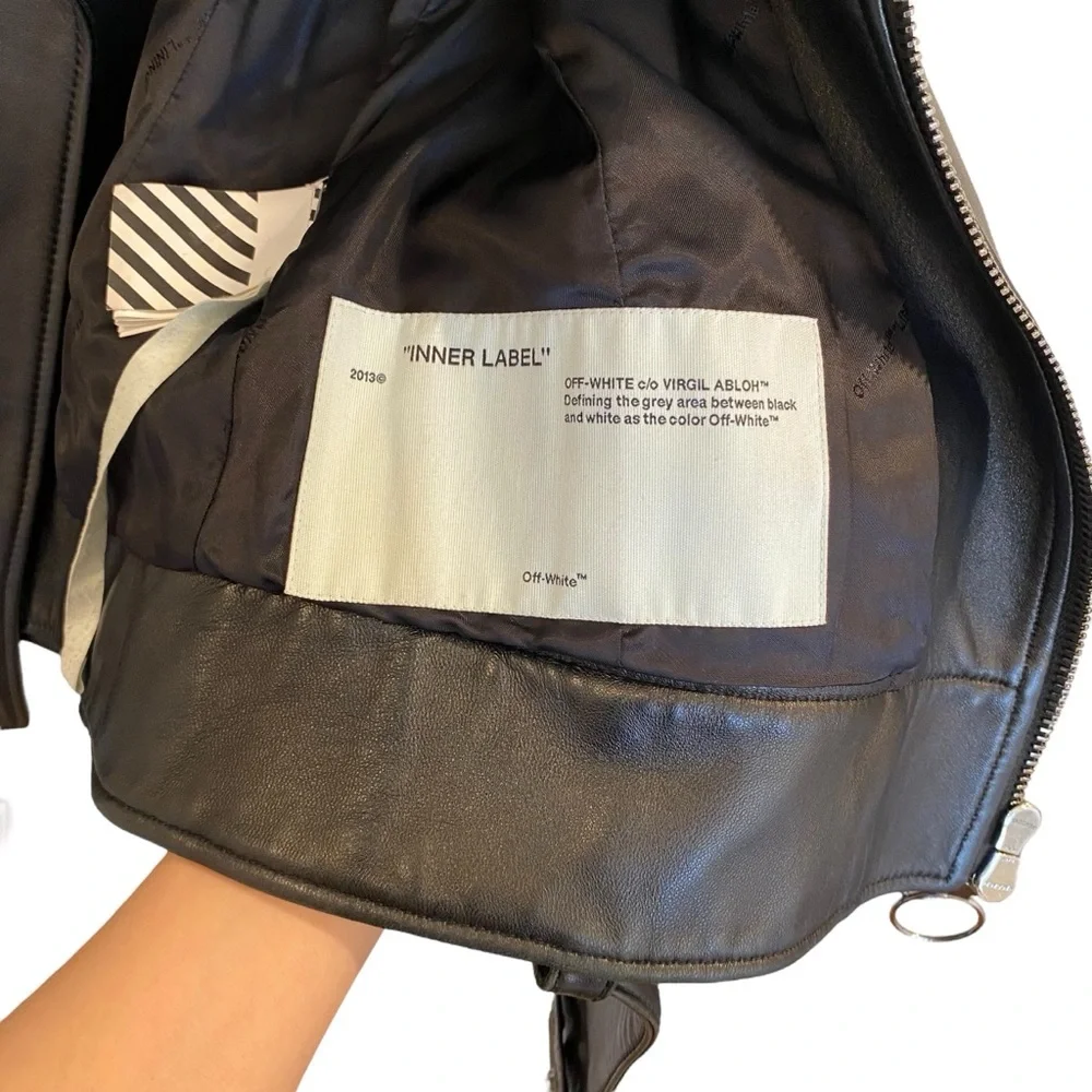 Off-White Virgil Abloh Black Leather Jacket With Metallic Silver X Size 44